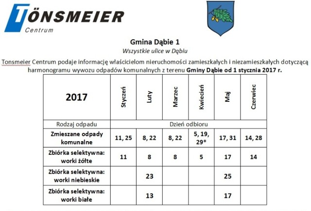 Gmina Dąbie: Harmonogram wywozu odpadów komunalnych