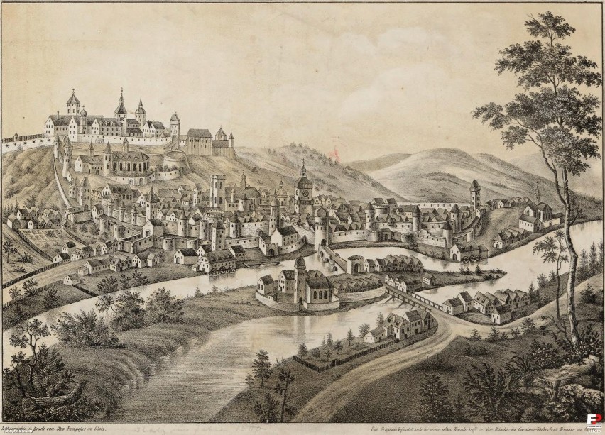 Panorama Kłodzka ok. 1500 r.; F. A. Pompejus ok. 1860 r.