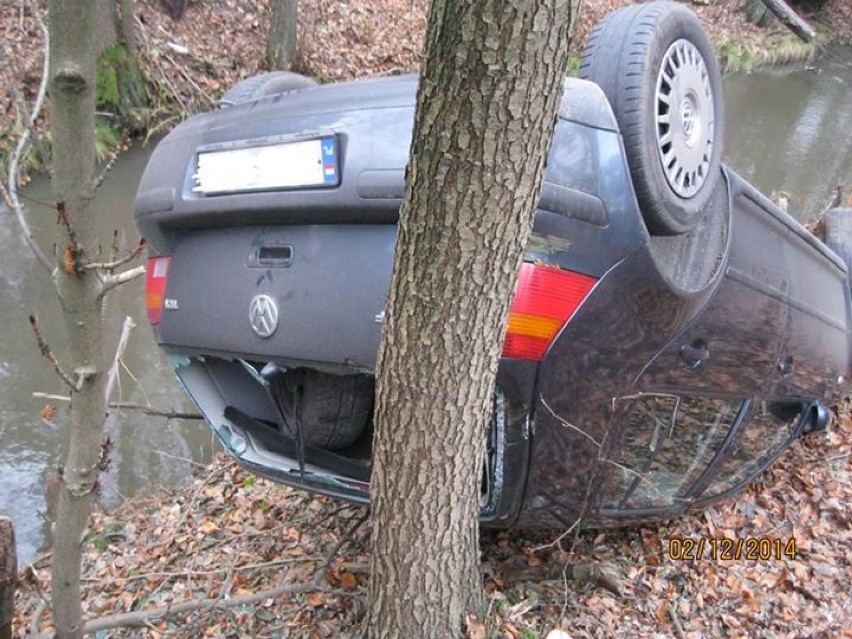 Wypadek pod Sośniami. Volkswagen dachował w lesie [ZDJĘCIA]