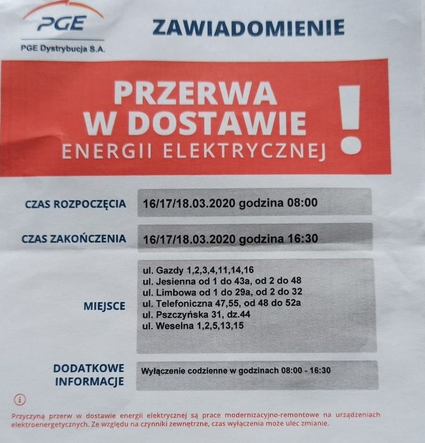 Czy na czas pandemii nie można odłożyć wyłączeń prądu,...