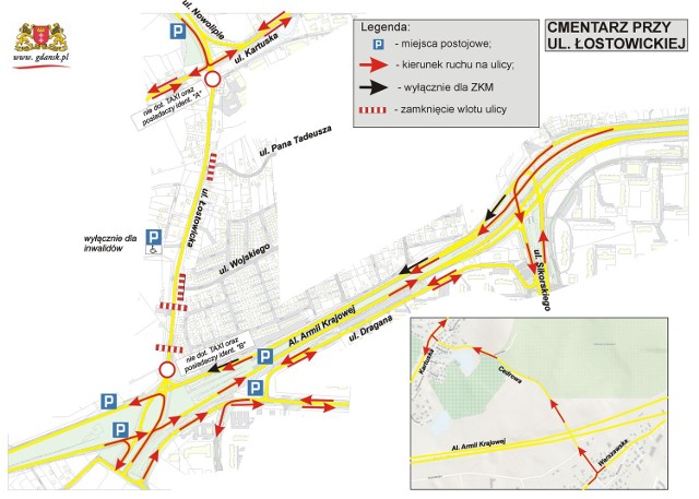 1 listopada

Cmentarz przy ul. Łostowickiej

- ulica Łostowicka zamknięta dla ruchu,
- od strony ul. Kartuskiej wjazd tylko dla pojazdów &#8222;taxi&#8221;, pojazdów inwalidzkich oraz posiadających identyfikatory z literą &#8222;A&#8221; (mieszkańcy ul. Łostowickiej, zaopatrzenie handlu przycmentarnego).
- całkowicie zamknięte wjazdy na ul. Łostowicką z ulic: Struga, Pana Tadeusza, Wojskiego i Armii Krajowej. 
- dojazd do osiedla Wzgórze Mickiewicza specjalnie oznakowaną trasą przebiegającą ulicami: Kości