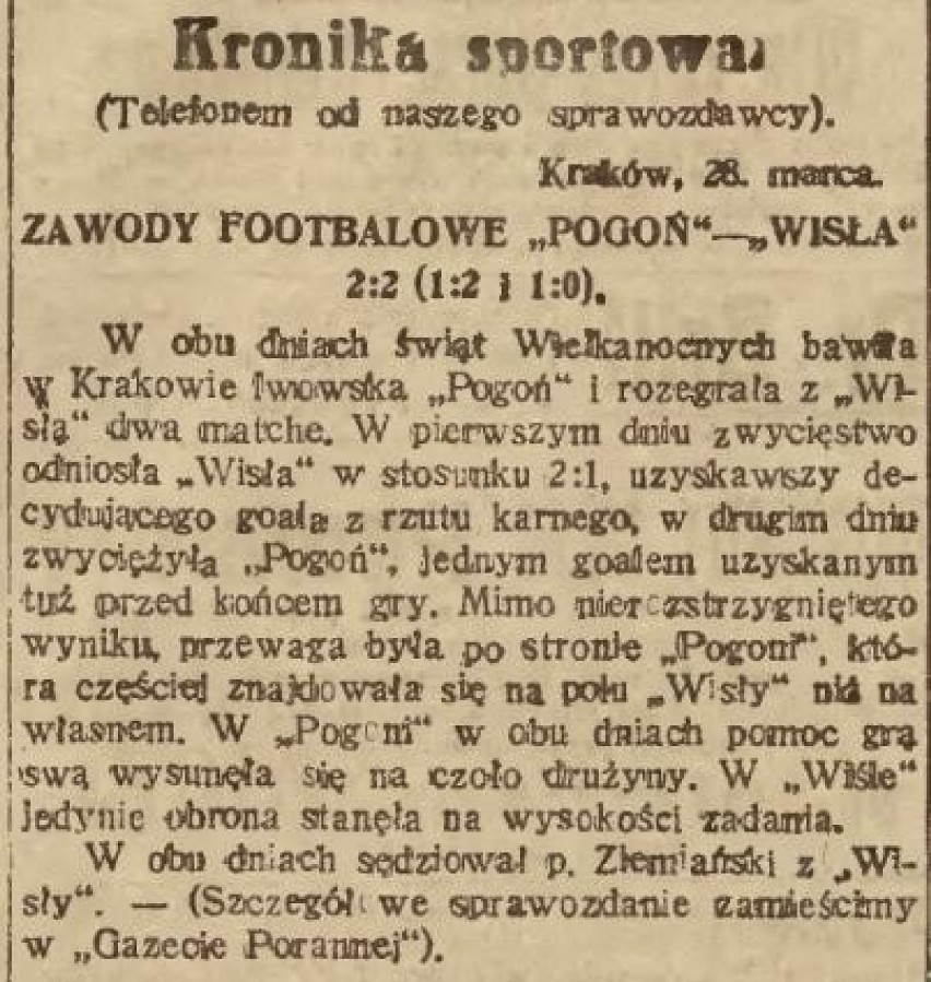 28.03.1921, Kraków, mecz towarzyski: Wisła - Pogoń Lwów 0:1...