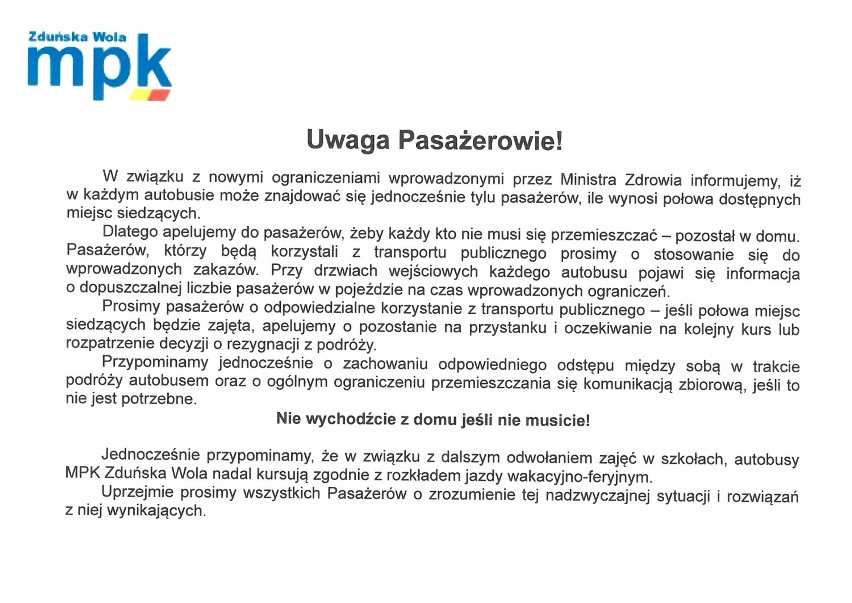 MPK Zduńska Wola apeluje - zostań w domu. Ograniczenie liczby pasażerów w autobusach