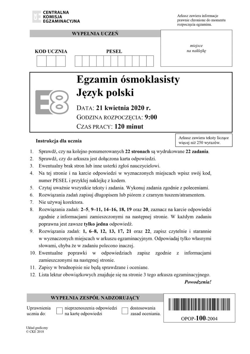 Egzamin ósmoklasisty 2020. Wtorek z językiem polskim. Harmonogram egzaminów, zasady sanitarne, arkusze CKE i odpowiedzi. Sprawdź