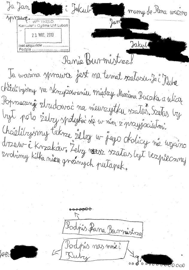List uczniów do burmistrza Lubonia.