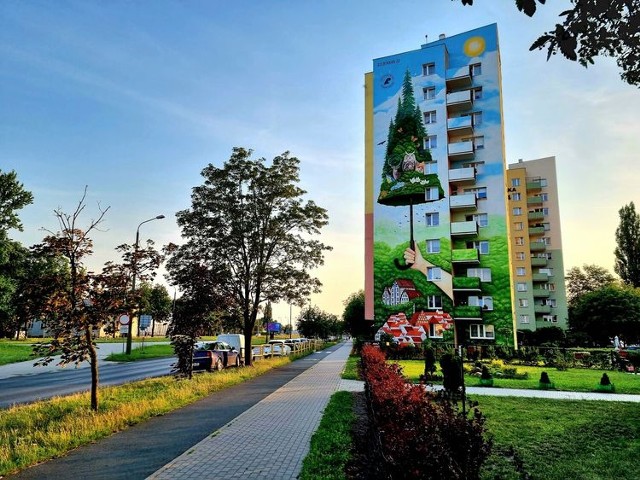 Mural na ścianie budynku przy ul. Szubińskiej na bydgoskim Błoniu ma 12 metrów szerokości i ponad 34 metry wysokości. Także został wymalowany „oczyszczającą” farbą.