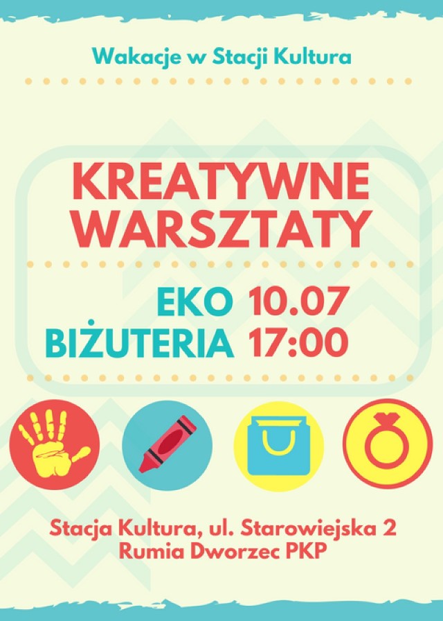 Warsztaty kreatywne: Eko biżuteria
10.07.2018r., godz. 17:00

Do stworzenia unikatowej biżuterii wykorzystamy zużyte koszulki i jeansy oraz wszystko to , co zazwyczaj wyrzucamy do śmieci.  Poznamy  różne metody wykonywania eko-biżuterii oraz nieskończone możliwości jej zdobienia.