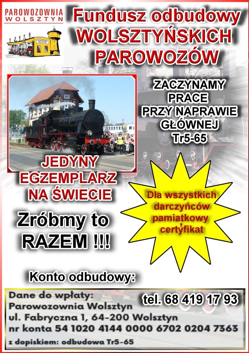 Plakat dotyczący Funduszu odbudowy wolsztyńskich parowozów.