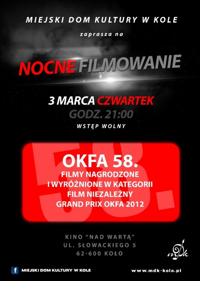 Pokaz filmów nagrodzonych z OKFA
3 marca, godz. 21.00
Wstęp wolny!

Repertuar kina w Kole