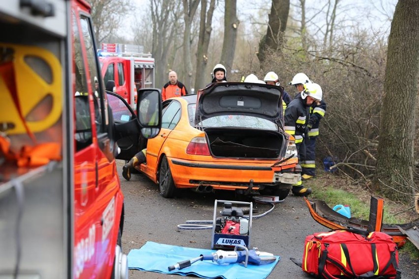 GROŹNY WYPADEK: Dwie osoby ranne w wyniku uderzenia autem w drzewo pod Baszkowem [ZDJĘCIA]