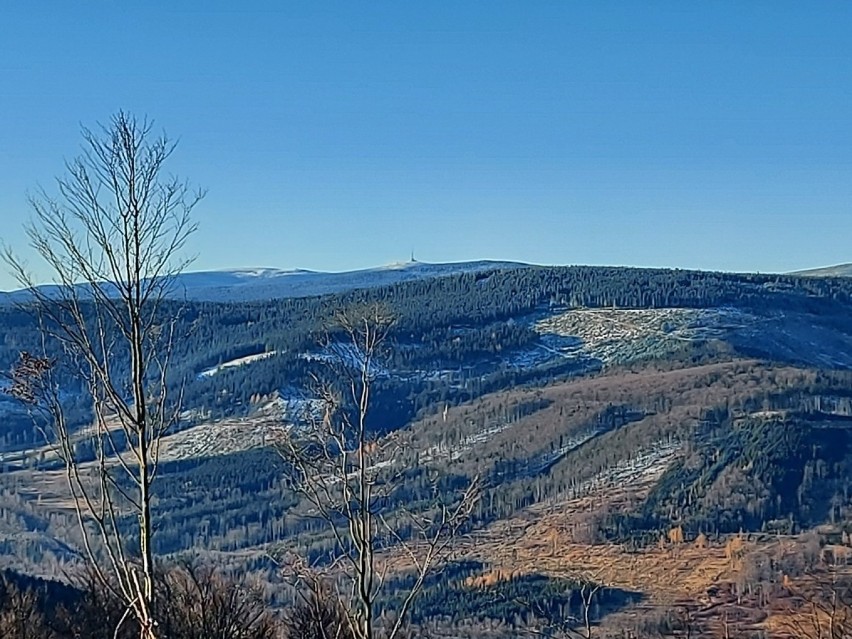 Pierwszy śnieg w Górach Opawskich. Na Kopie Biskupiej leży śnieg. Dobre warunki do jesiennej turystyki