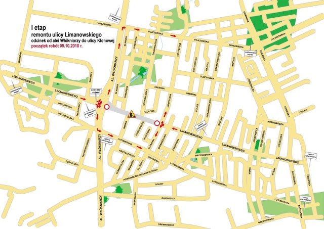 Mapka objazdów zamkniętego odcinka ulicy Limanowskiego przygotowana przez Zarząd Dróg i Transportu w Łodzi.
