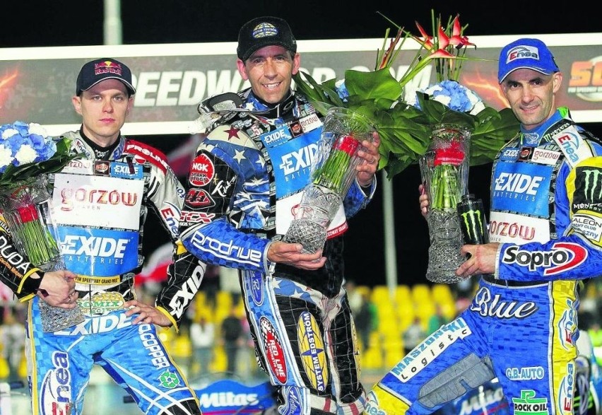 Podium Grand Prix Czech. Od lewej Hampel, Hancock i Gollob