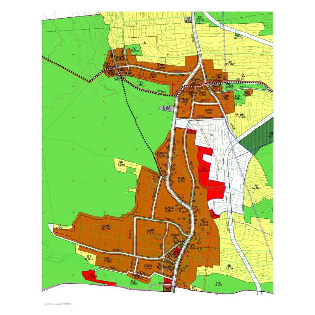 Na planie zagospodarowania przestrzennego na brązowo zaznaczono tereny budowlane. Te w lewym dolnym rogu to nowe tereny mieszkaniowe