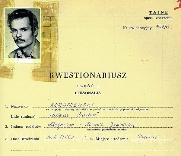 Fragment teczki Tadeusza Koraszewskiego zarejestrowanego jako TW "Alek"