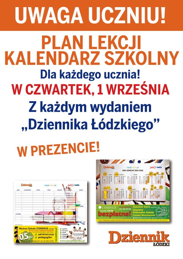 Kalendarz szkolny i plan lekcji dołączamy do Dziennika Łódzkiego w czwartek, 1 września.