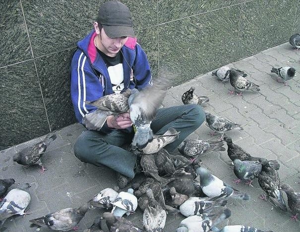 Sebastian Kołodziejczyk karmi gołębie w Sosnowcu