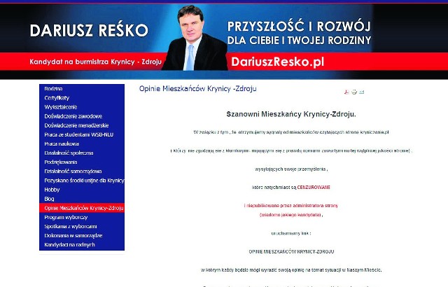 Strona internetowa Dariusza Reśko, na której opublikował korzystny dla siebie sondaż