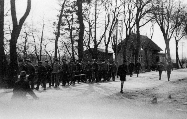 Kolumna więźniów przechodząca przez wieś Stutthof około roku 1941.  Zdjęcie wykonał potajemnie jeden z niemieckich mieszkańców wsi