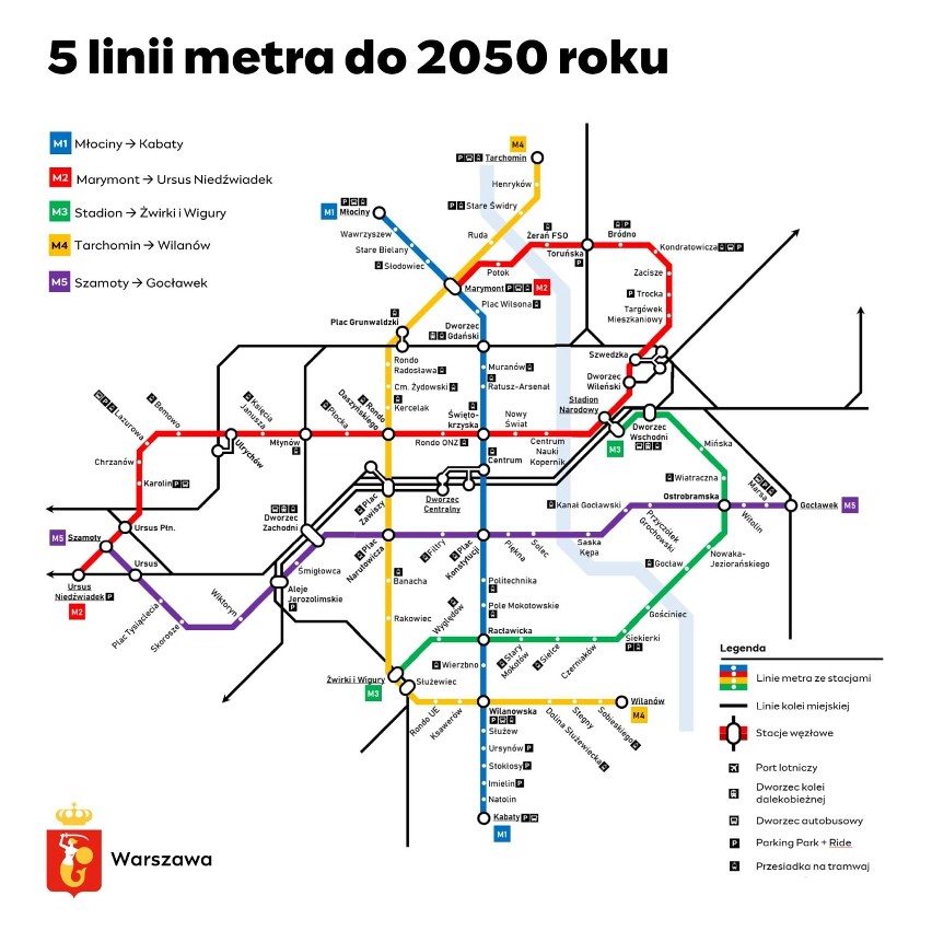 Metro w Warszawie. Ratusz zaprezentował plan rozwoju sieci do 2050 roku. Docelowo pięć linii metra, rozwój już istniejących