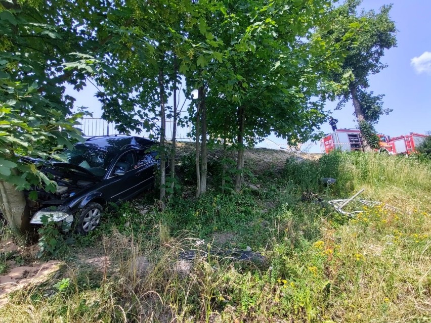 Grybów. Osobówka wypadła z DK 28 i zatrzymała się na drzewach. Cud, że kierowcy nic się nie stało. Zdjęcia