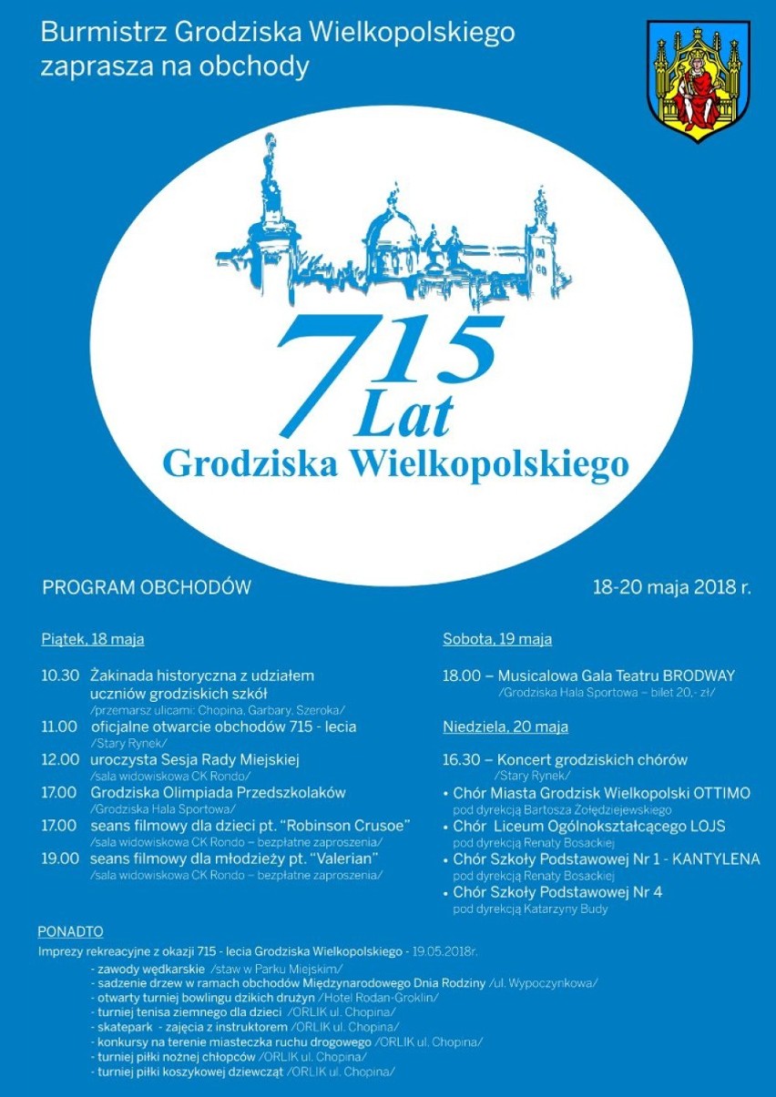Już dziś rozpoczynają się obchody 715-lecia nadania praw miejskich miastu Grodzisk Wielkopolski [ZAPROSZENIE]