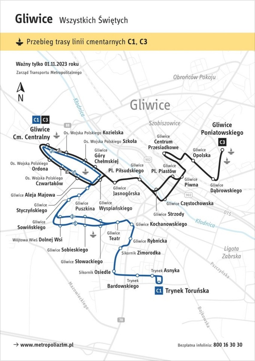 Trasy linii specjalnych C1 i C3 w Gliwicach.