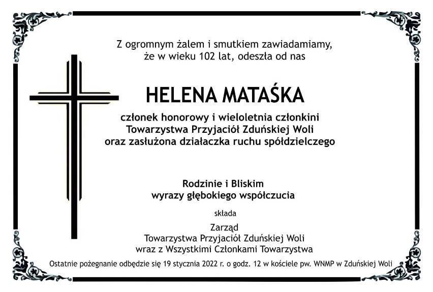 Zmarła Helena Mataśka ze Zduńskiej Woli. Miała 102 lata