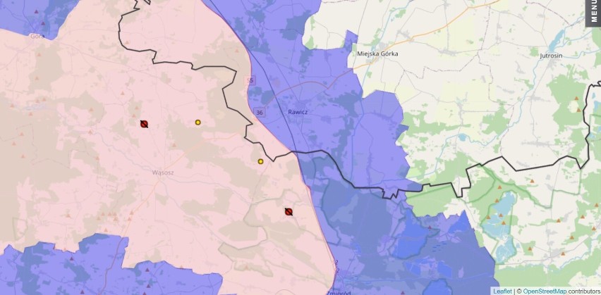 Mapa z nowymi przypadkami ASF w okolicach Rawicza. Czerwoną kropką zaznaczono potwierdzone ogniska