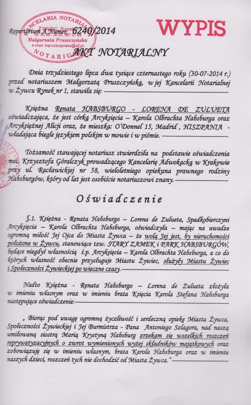 Księżna  Renata Habsburg Lorena de Zulueta i  Karol  Stefan Habsburg zrzekli się praw do zamku