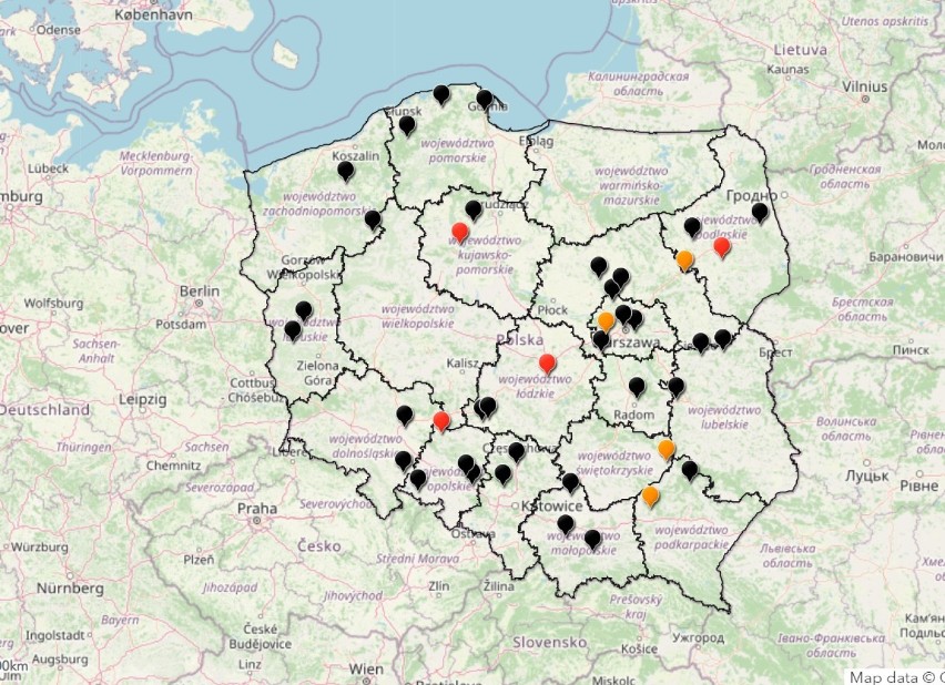 Mapa wypadków w Polsce.