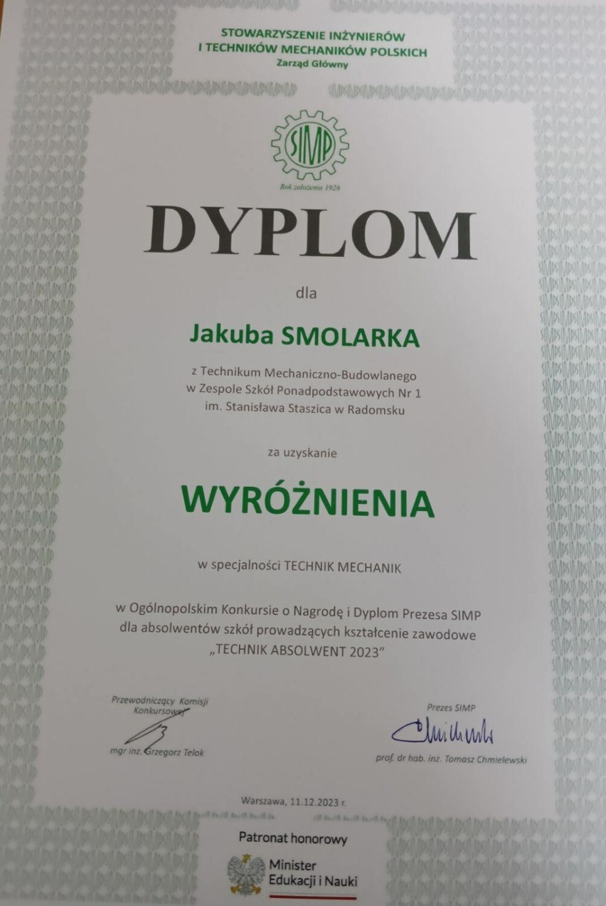 Absolwent ZSP 1 w Radomsku wyróżniony w XVII Ogólnopolskim Konkursie Technik Absolwent 