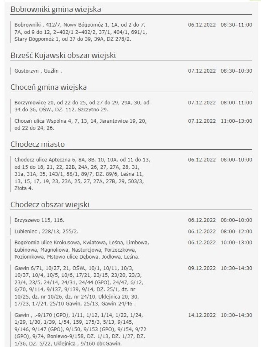 Tu nie będzie prądu w Kujawsko-Pomorskiem [miasta, gminy - 7.12.2022]