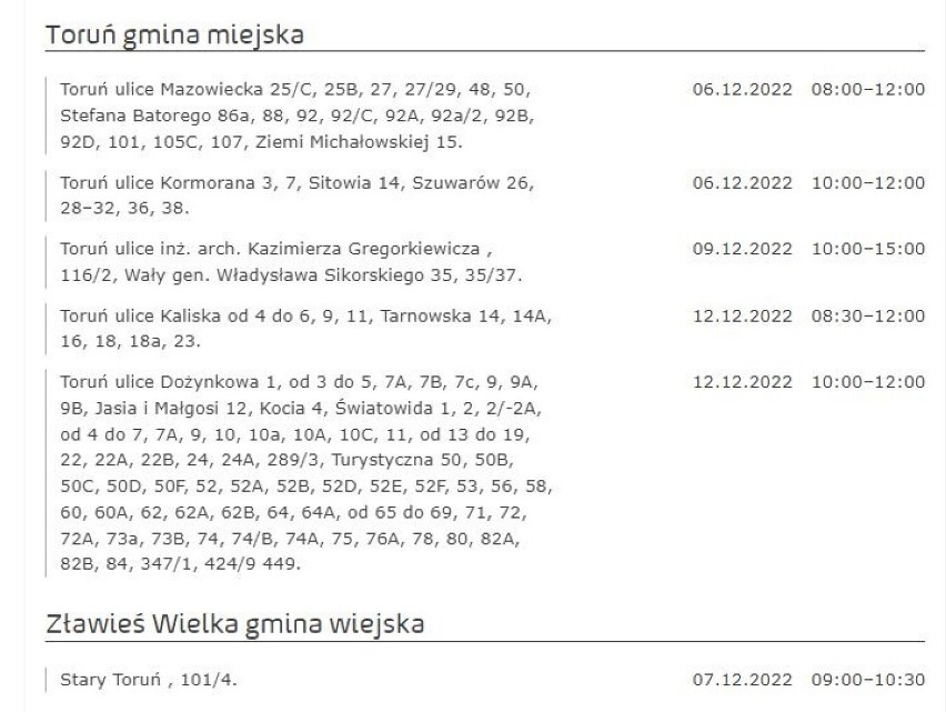 Tu nie będzie prądu w Kujawsko-Pomorskiem [miasta, gminy - 7.12.2022]