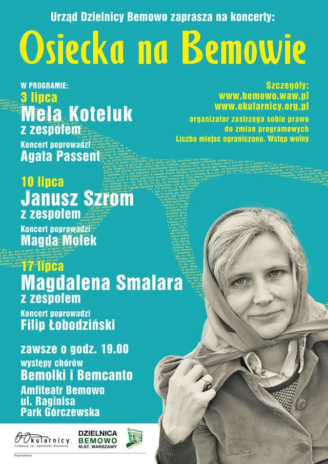 Plakat zapraszający na koncerty piosenek Agnieszki Osieckiej.