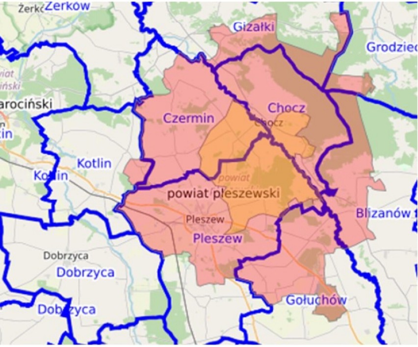 Mapa ukazując obszar zapowietrzony i zagrożony wg rozporządzenia wojewody wydanego 10 stycznia 2023 roku