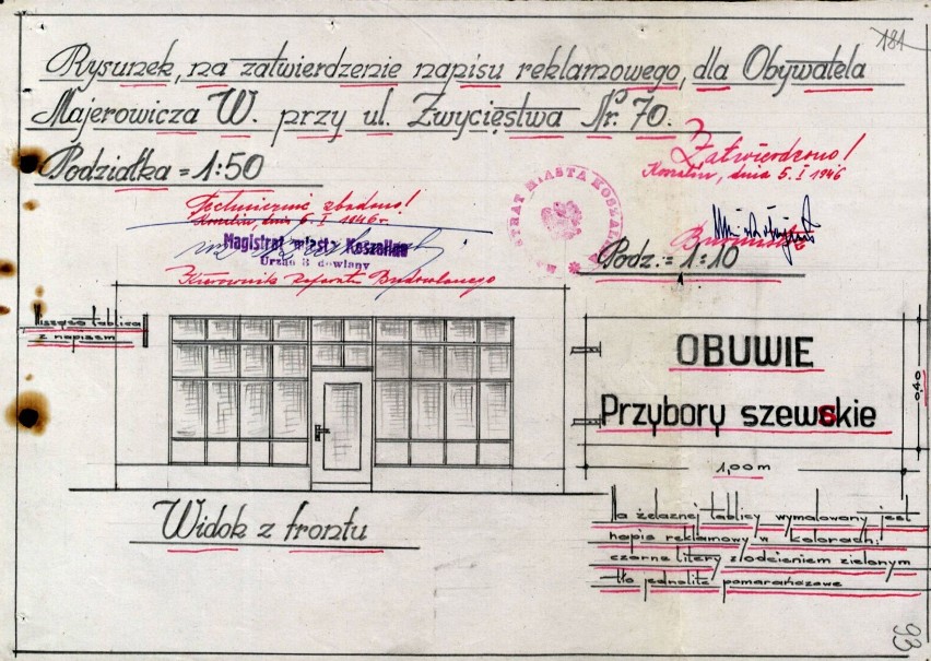 Projekt witryny zakładu szewskiego z 1946 r.