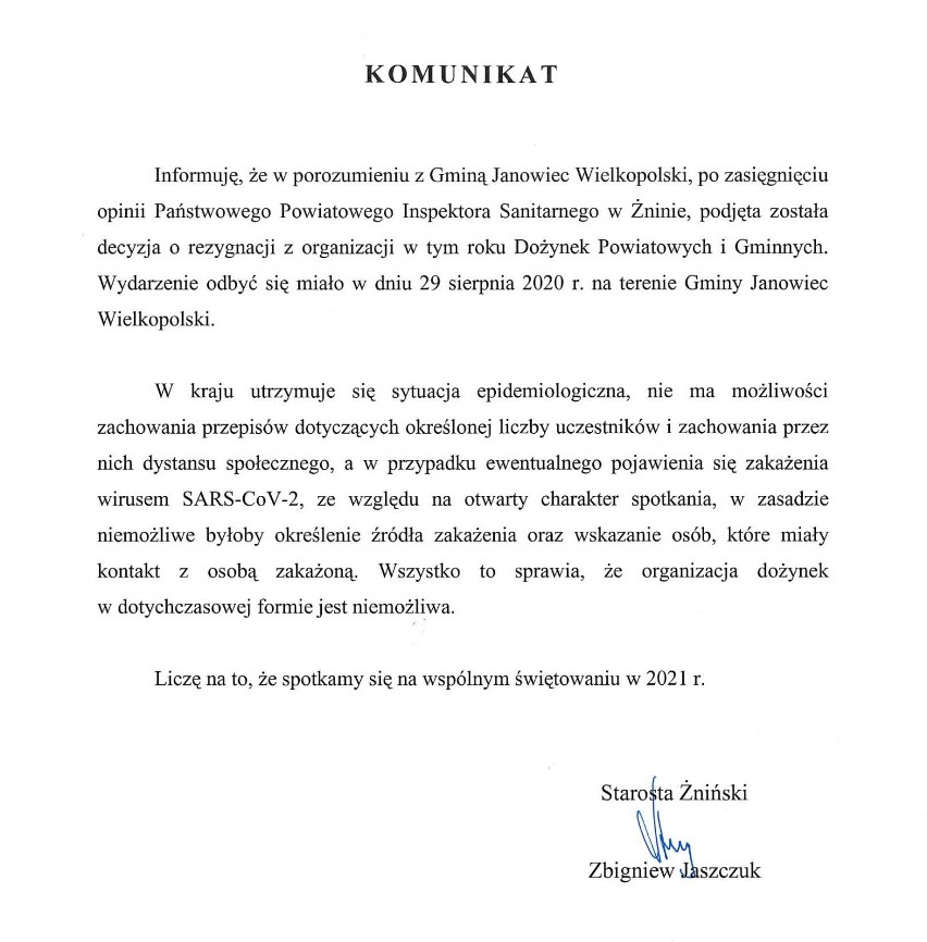 W 2020 roku nie będzie dożynek powiatowych w gminie Janowiec Wielkopolski 