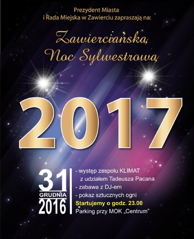 Sylwester w Zawierciu podobnie jak w poprzednich latach odbędzie się na parkingu przy Miejskim Ośrodku Kultury w Zawierciu. Wystąpi zespół Klimat. Początek zabawy o godzinie 23.