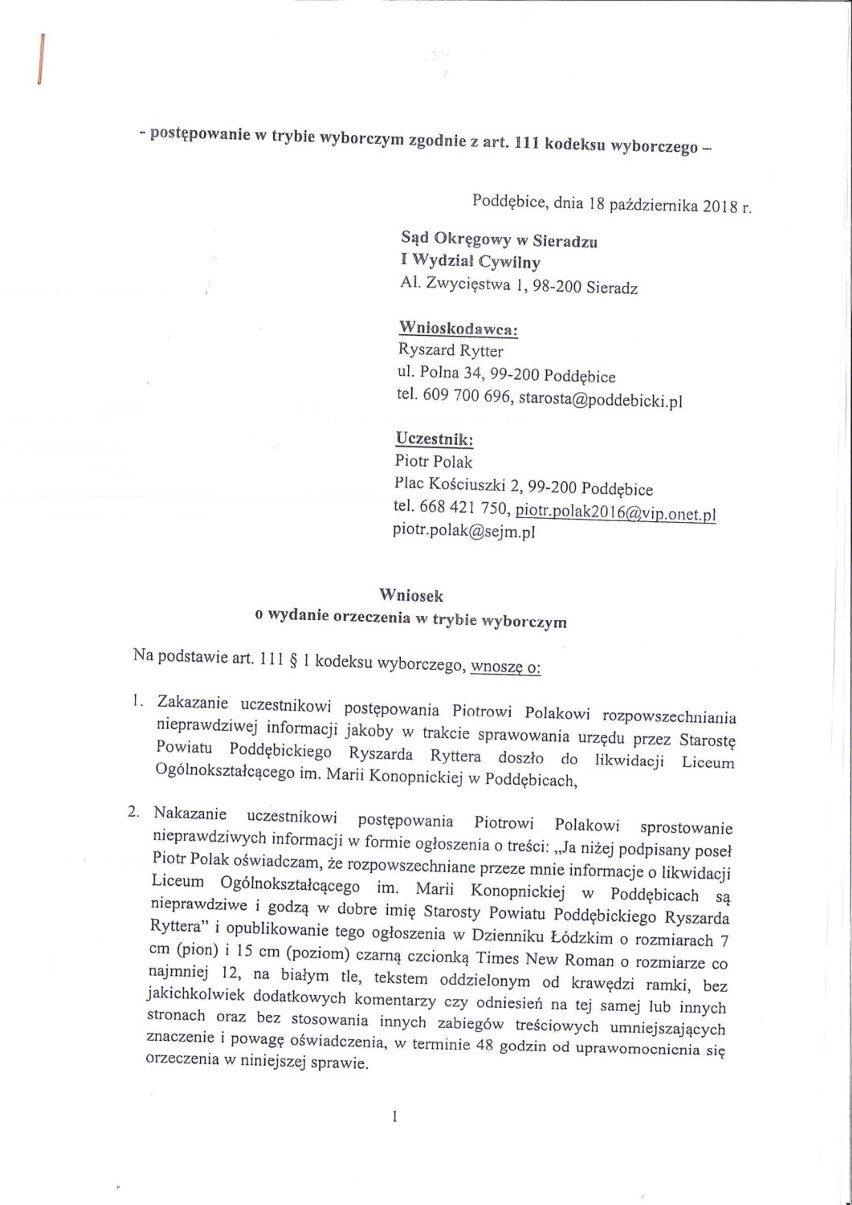 Wybory Samorządowe 2018. Starosta poddębicki w trybie wyborczym oskarża posła PiS o kłamstwo. W piątek sąd rozpatrzy protest