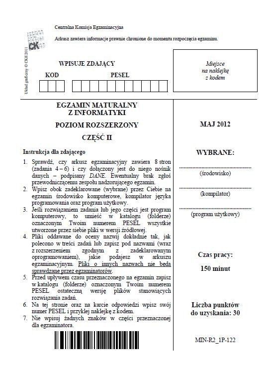 Matura 2012: informatyka - poziom rozszerzony. Cz. II [ARKUSZE]