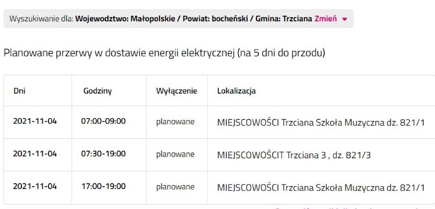 Wyłączenia prądu w powiecie bocheńskim i brzeskim, 2.11.2021