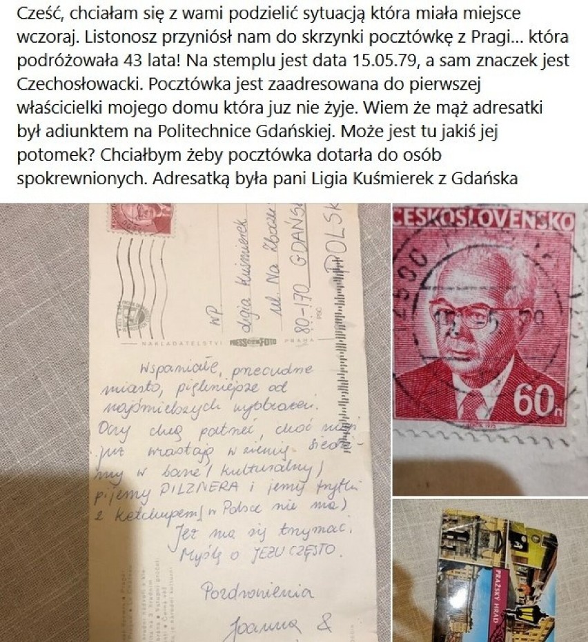 Mieszkanka Gdańska otrzymała z Pragi kartkę pocztową, która podróżowała 43 lata