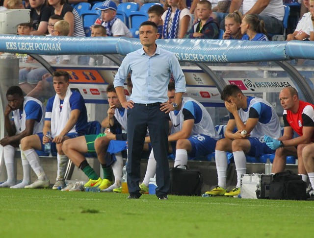 Mariusz Rumak podczas meczu Lecha Poznań ze Stjarnan FC