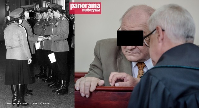 Leszek L. z lewej jako komendant wojewódzki Milicji Obywatelskiej w Wałbrzychu i z prawej jako oskarżony o popełnienie 92 zbrodni komunistycznych. Nie uczestniczył w ponownym rozpatrywaniu swojej sprawy przed sądem w Wałbrzychu