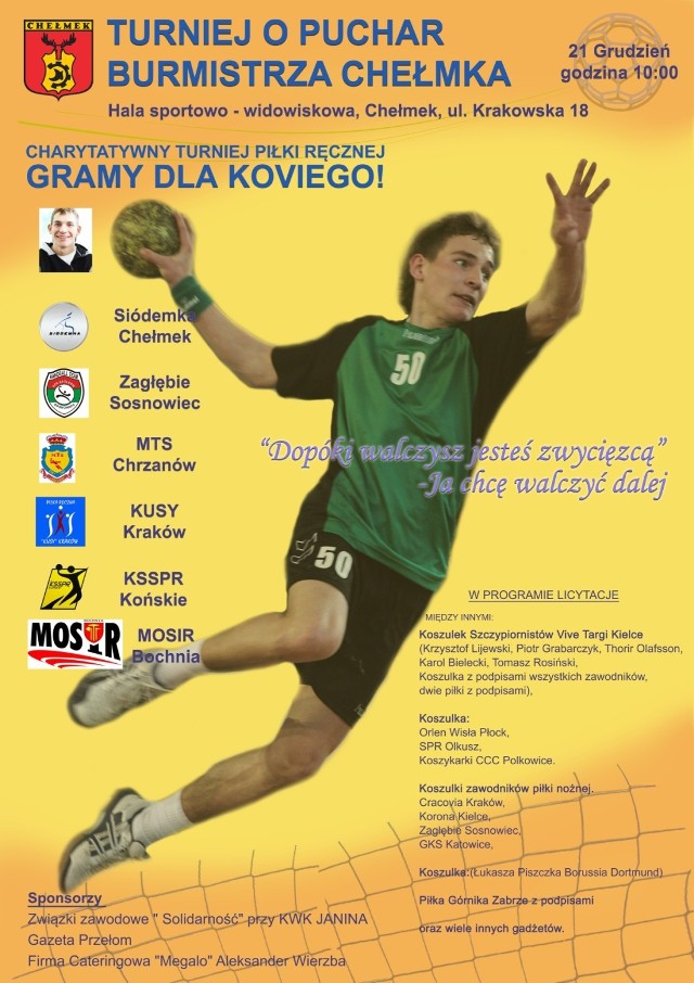 Plakat promujący charytatywny turniej piłki ręcznej w Chełmku "Gramy dla Koviego".