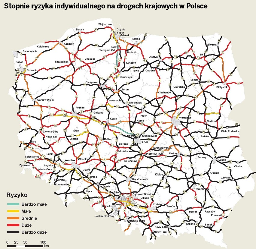 Stopnie ryzyka indywidualnego na drogach krajowych w Polsce