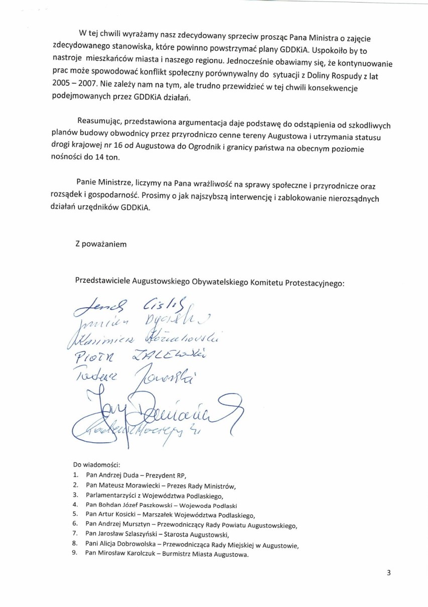 Augustowski Obywatelski Komitet Protestacyjny apeluje do premiera i ministra