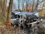 Wypadek w Kętach. Na ul. Żeromskiego samochód kierowany przez 32-latkę z powiatu wadowickiego wypadł z drogi i uderzył w drzewo [ZDJĘCIA]