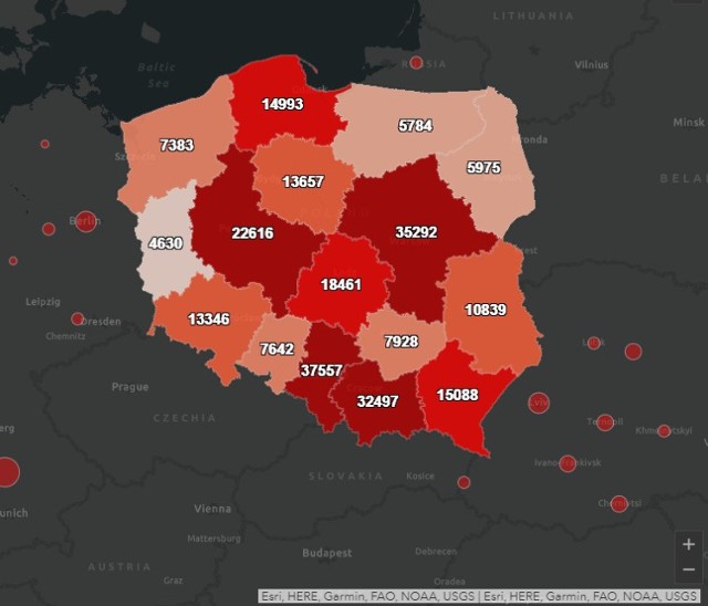 Liczba potwierdzonych przypadków wystąpienia koronawirusa w Polsce w poszczególnych województwach. Stan na 25.10.2020 (godz. 11.00)